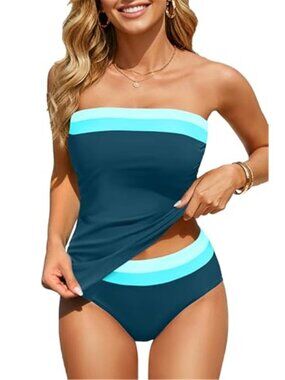 Bandeau Tankini Swimsuit Tummy Control Strapless Two Piece Swimwear